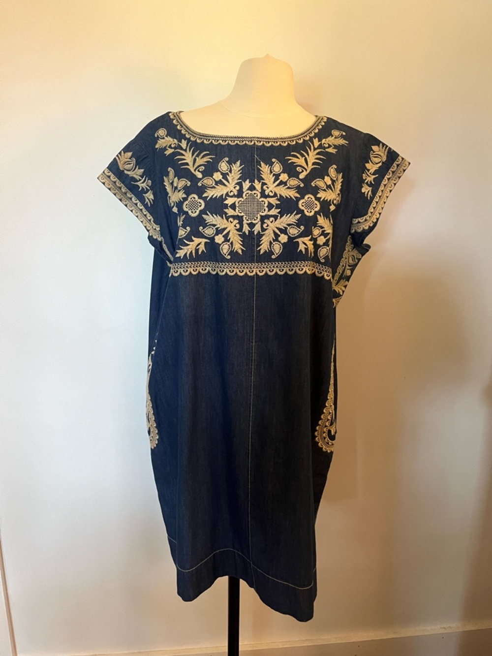 ivy jane Navy Denim Midi Dress with Cream Embroidery